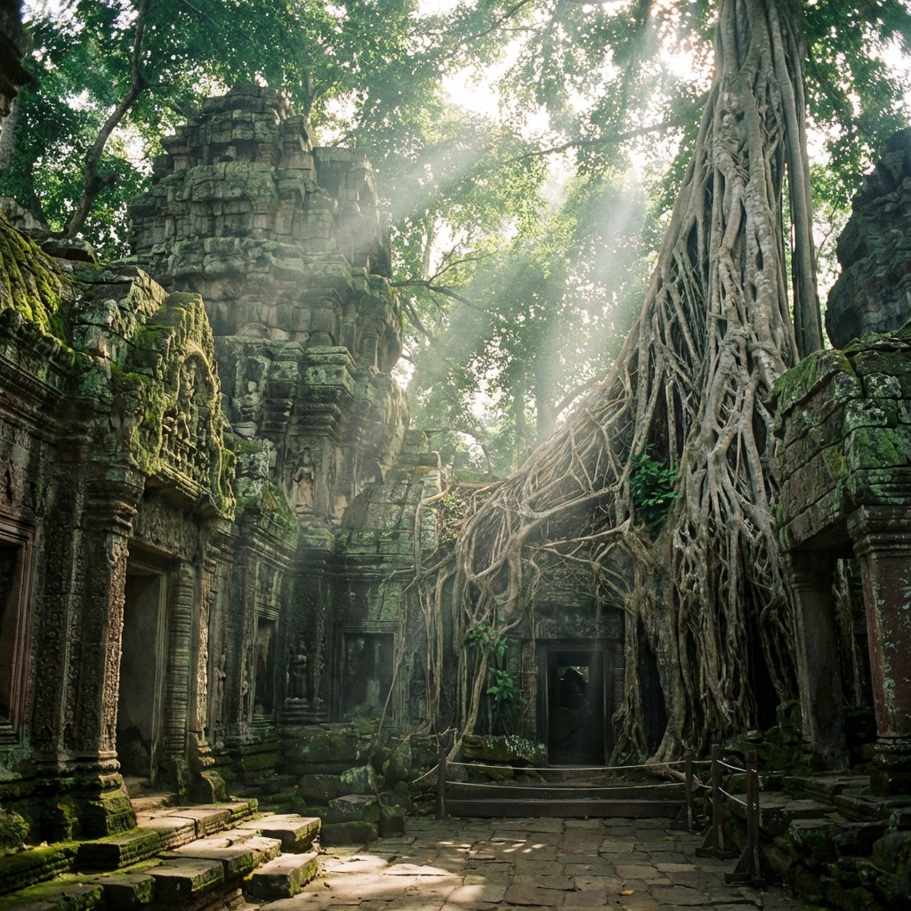 An ancient stone temple hidden in a lush tropical jungle.